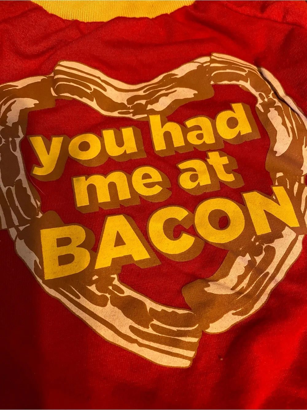 Dog Shirt 'You Had Me at BACON' Graphic Tee with Yellow Trim